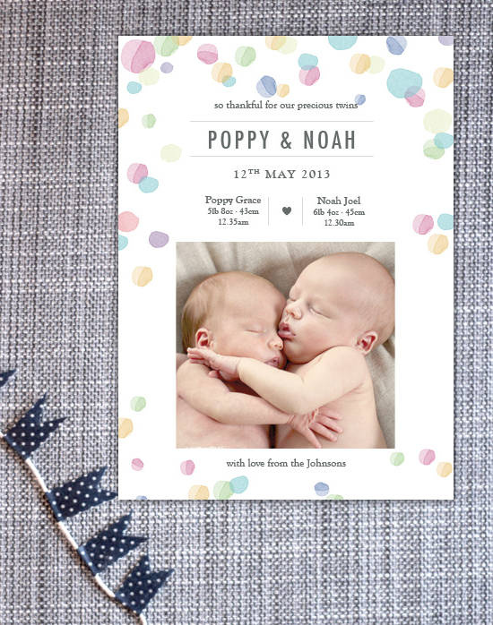 Twin Watercolour birth announcement | Polkadot Prints on Minted