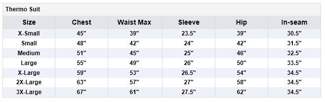 Firstgear Thermo One Piece Suit Sizing Chart